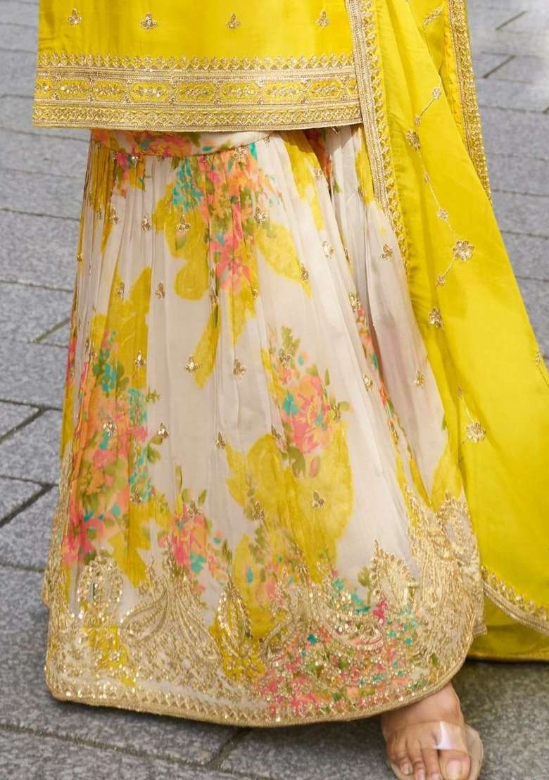 Yellow Embroidered Silk Palazzo Set - Indya