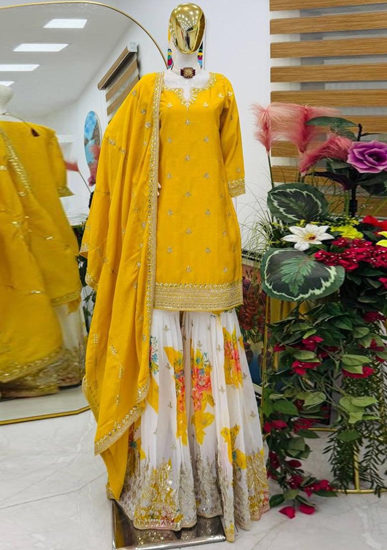 Yellow Embroidered Silk Palazzo Set - Indya