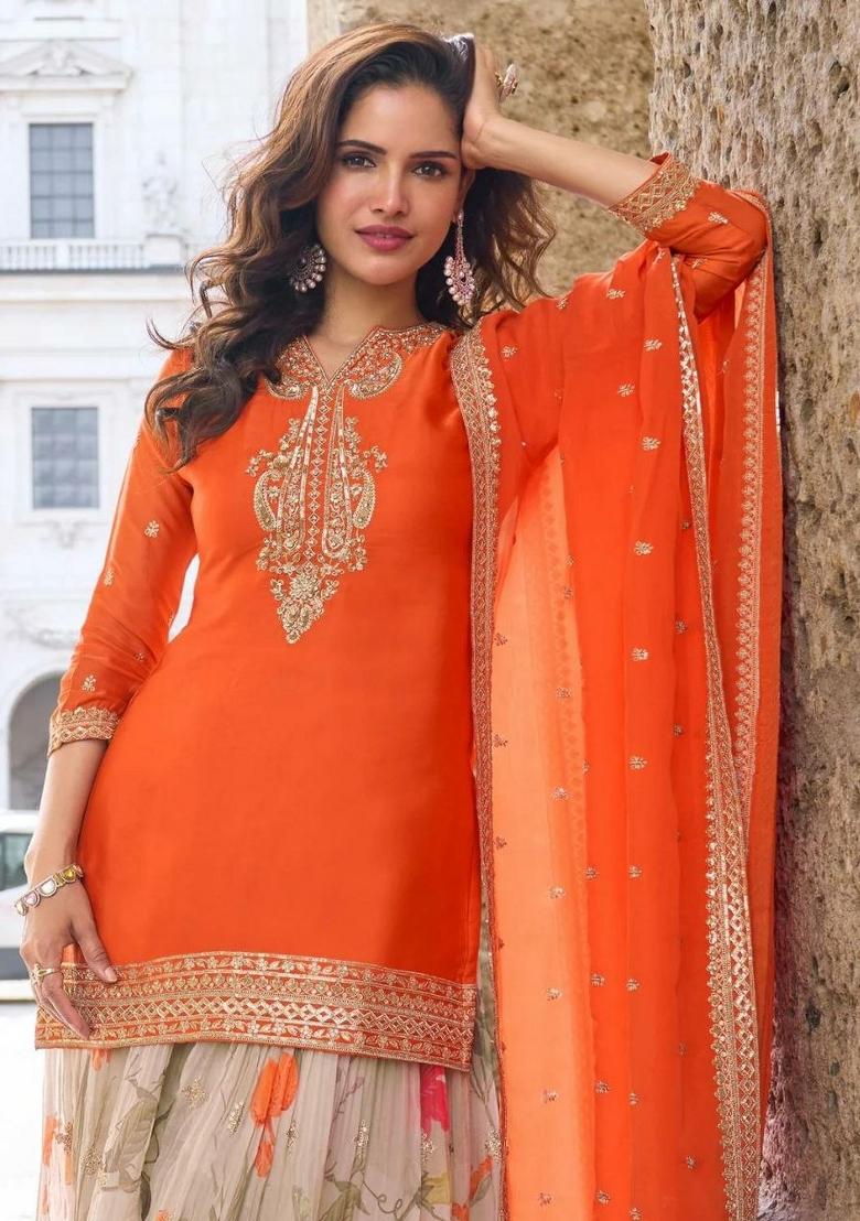 Orange Embroidered Silk Palazzo Set - Indya