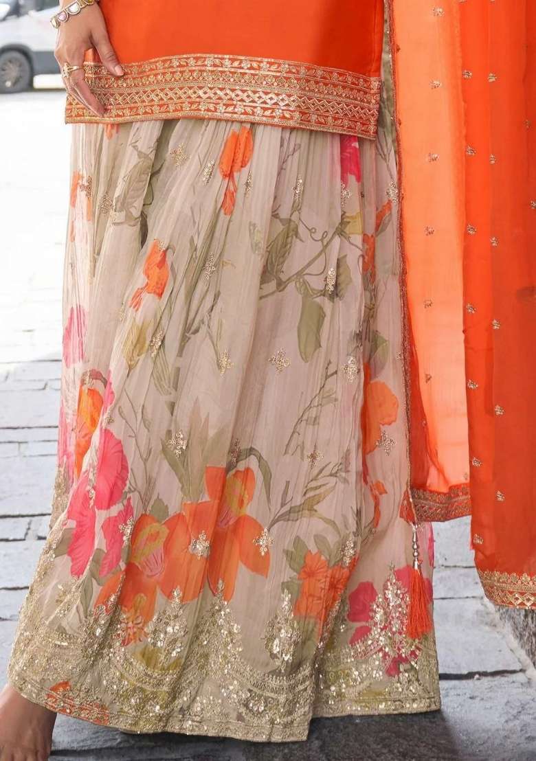 Orange Embroidered Silk Palazzo Set - Indya