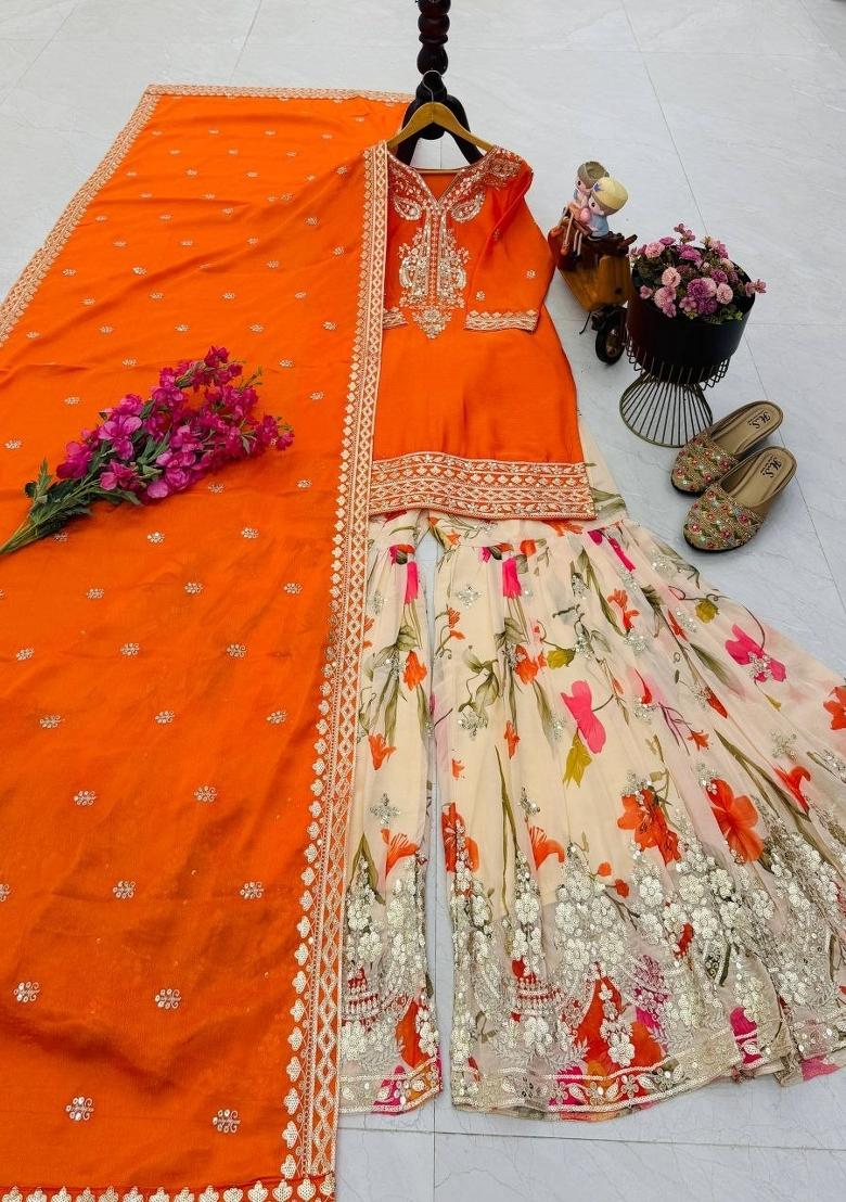 Orange Embroidered Silk Palazzo Set - Indya