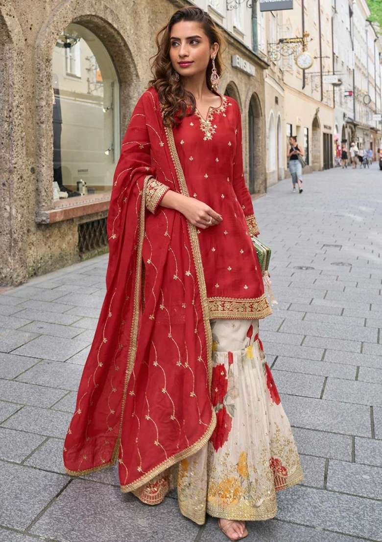 Red Embroidered Silk Palazzo Set - Indya
