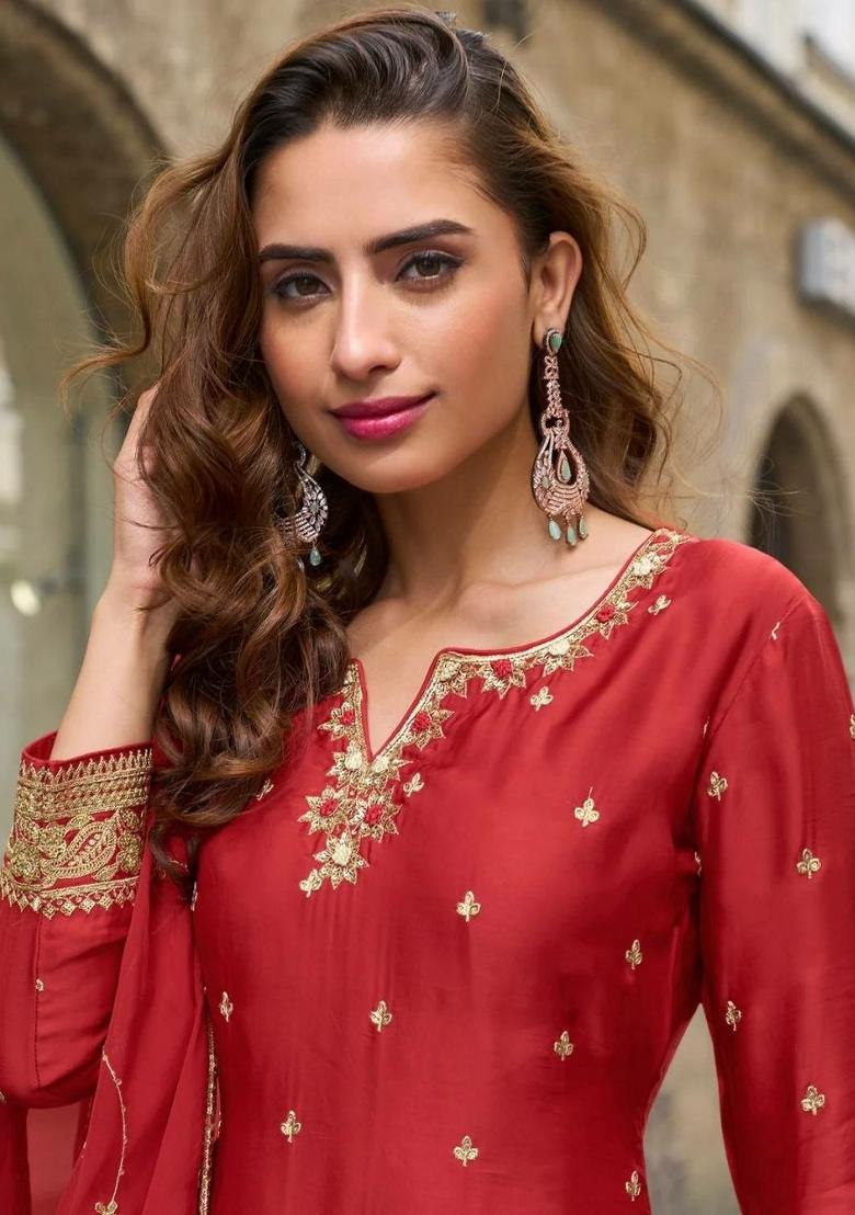 Red Embroidered Silk Palazzo Set - Indya