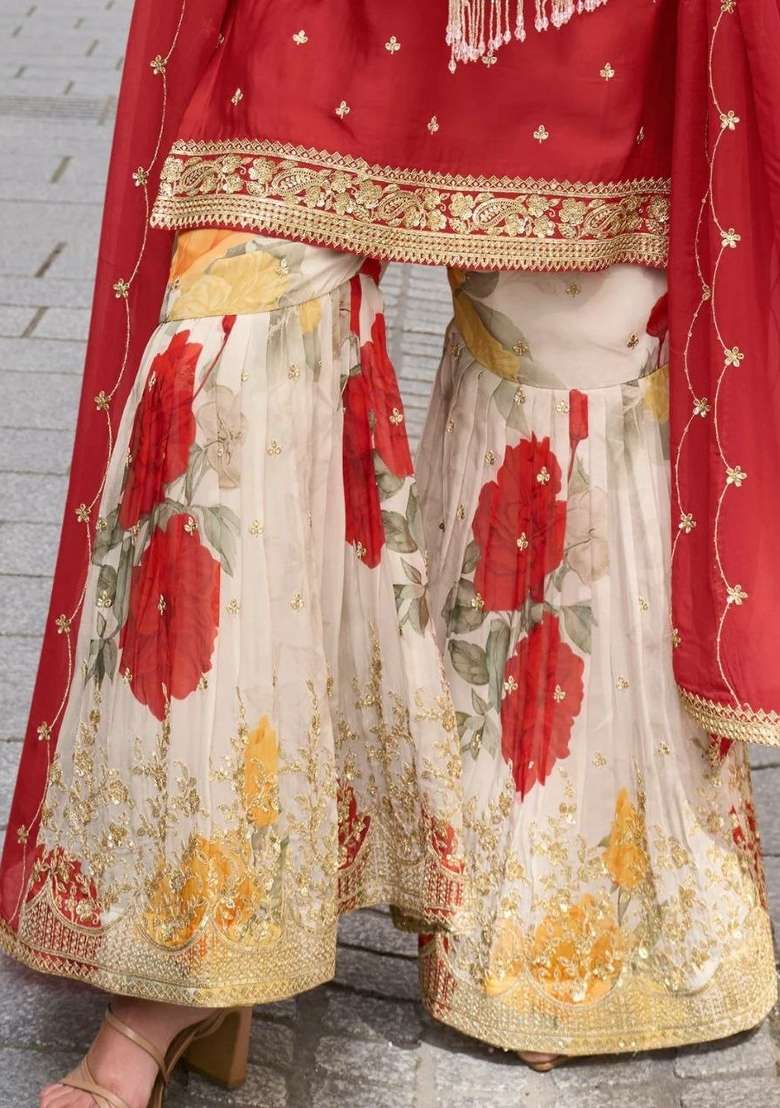 Red Embroidered Silk Palazzo Set - Indya