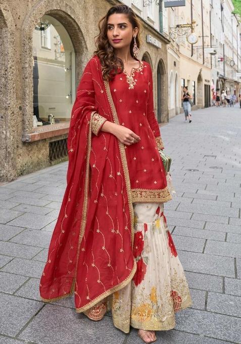 Red Embroidered Silk Palazzo Set