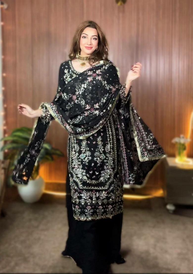 Black Embroidered Georgette Pakistani Suit Set - Indya
