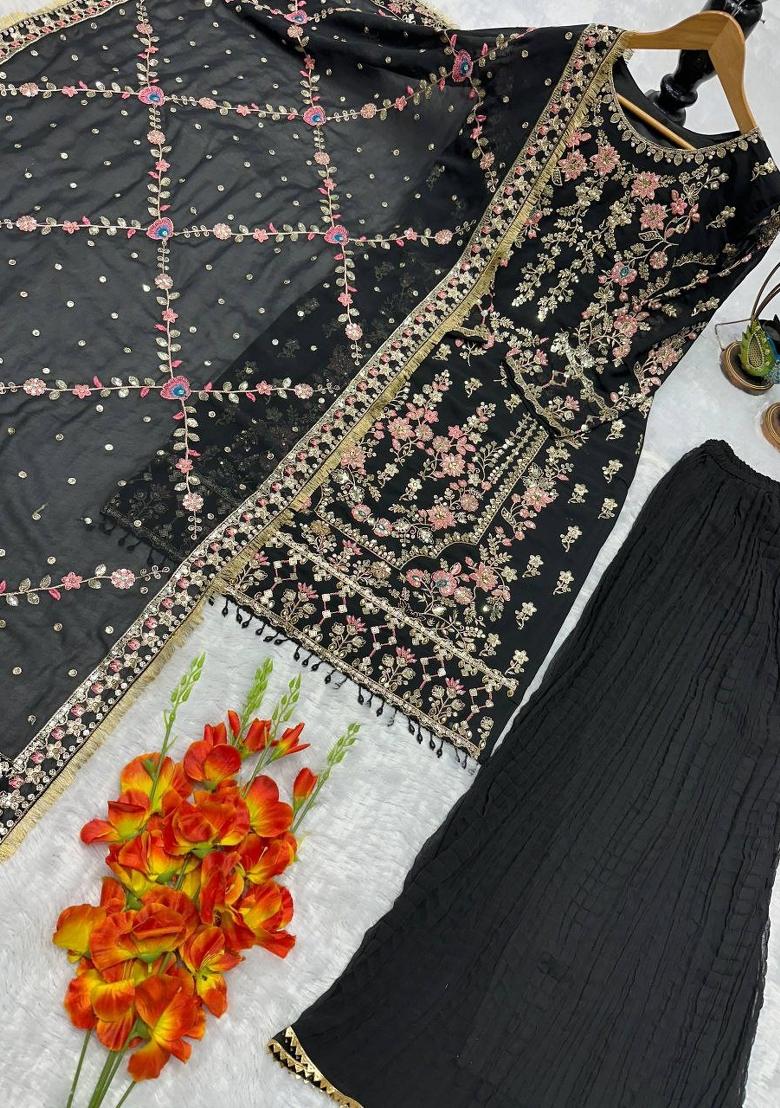 Black Embroidered Georgette Pakistani Suit Set - Indya