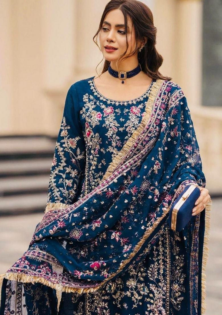 Blue Embroidered Georgette Pakistani Suit Set - Indya