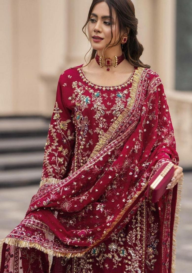 Pink Embroidered Georgette Pakistani Suit Set - Indya