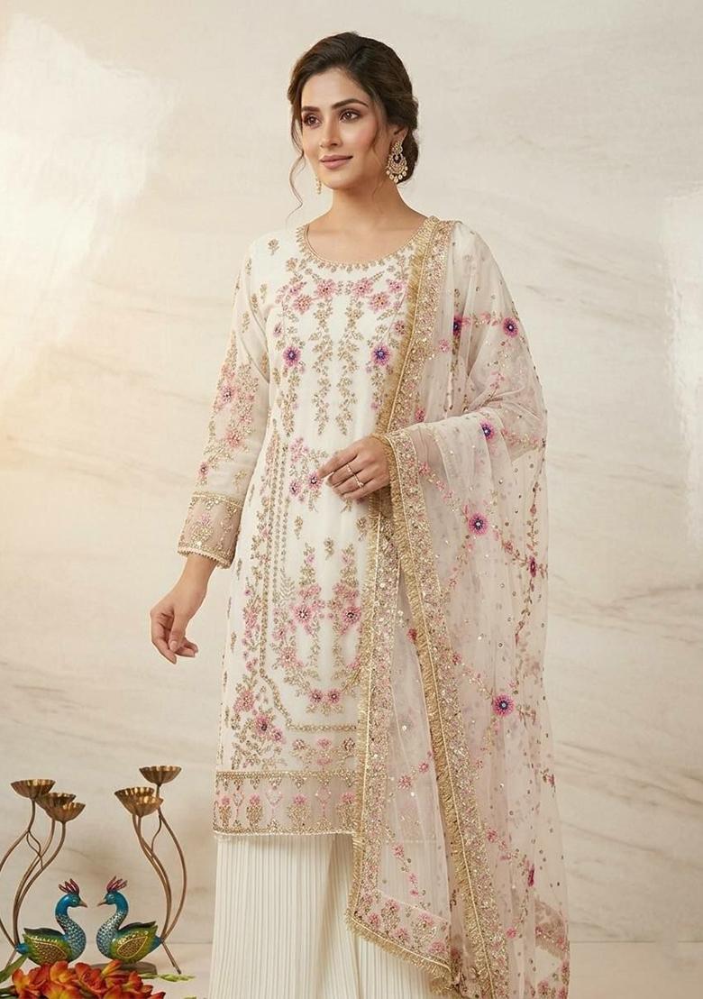 White Embroidered Georgette Pakistani Suit Set - Indya
