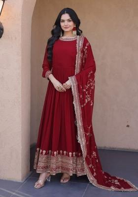 Maroon Sequin Work Faux Blooming Anarkali Set