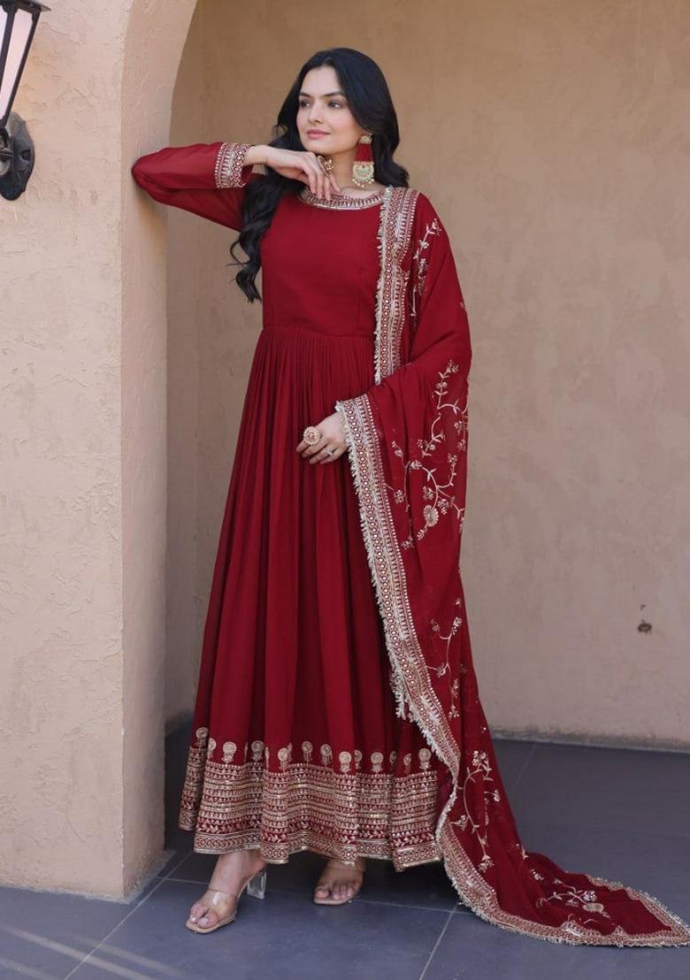 Maroon Sequin Work Faux Blooming Anarkali Set - Indya
