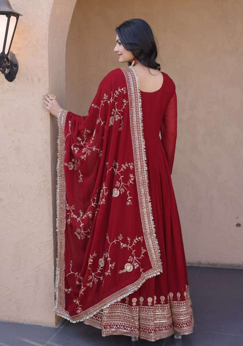 Maroon Sequin Work Faux Blooming Anarkali Set - Indya