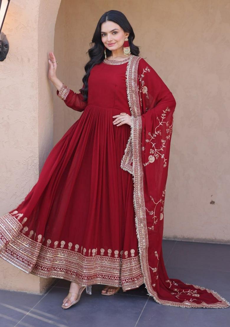 Maroon Sequin Work Faux Blooming Anarkali Set - Indya