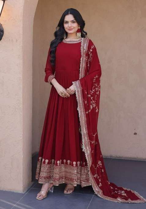 Maroon Sequin Work Faux Blooming Anarkali Set