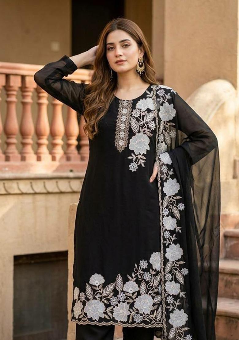 Black Embroidered Georgette Salwar Kameez - Indya