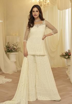 Off White Embroidered Georgette Salwar Kameez