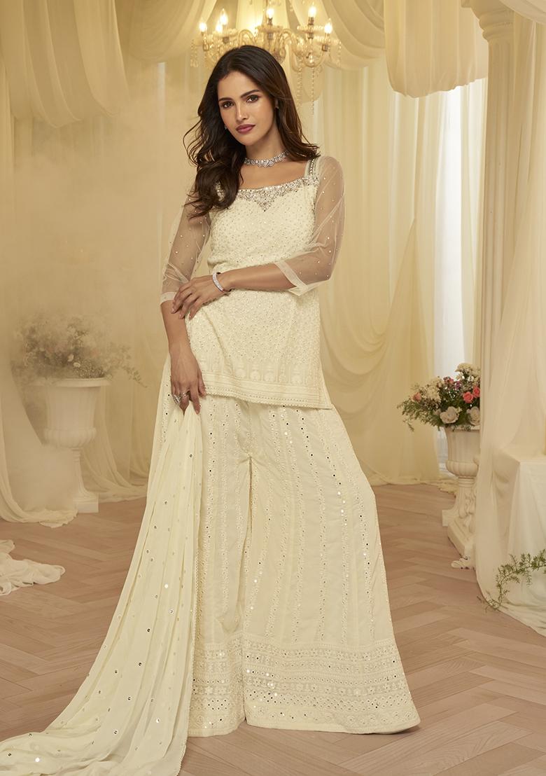 Off White Embroidered Georgette Salwar Kameez - Indya