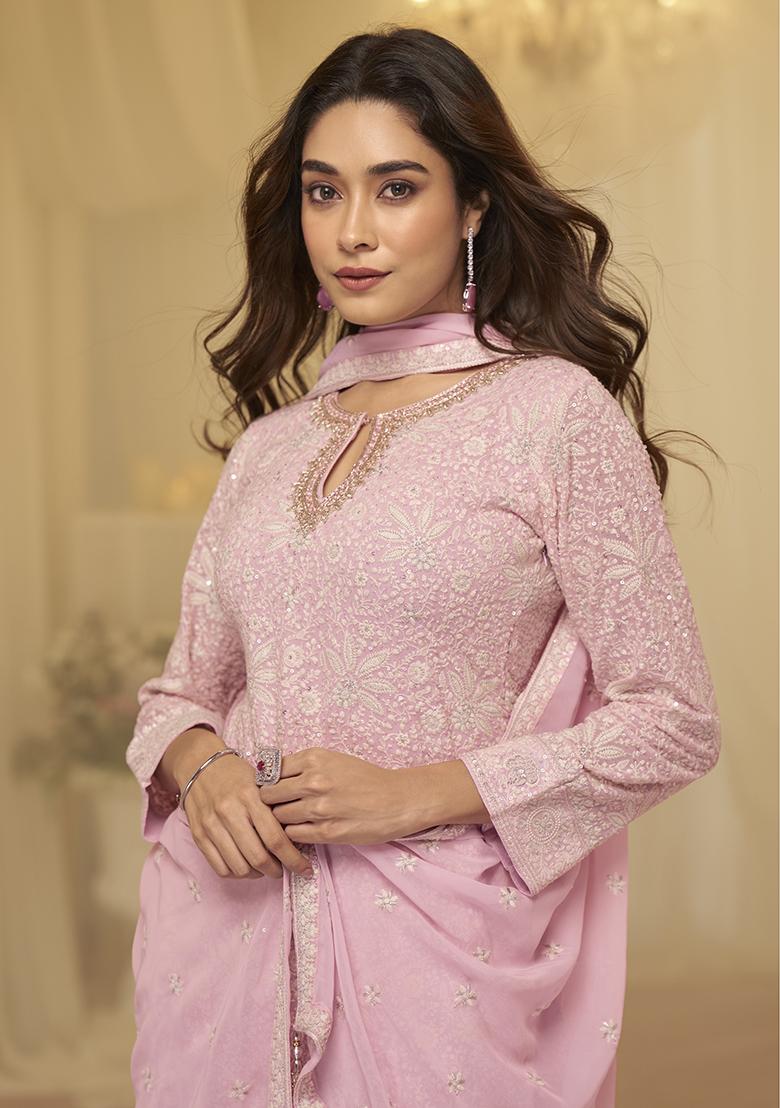Light Pink Embroidered Georgette Salwar Kameez - Indya