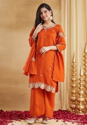 Orange Thread Work Silk Kurta Set