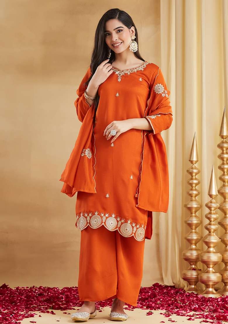 Orange Thread Work Silk Kurta Set - Indya