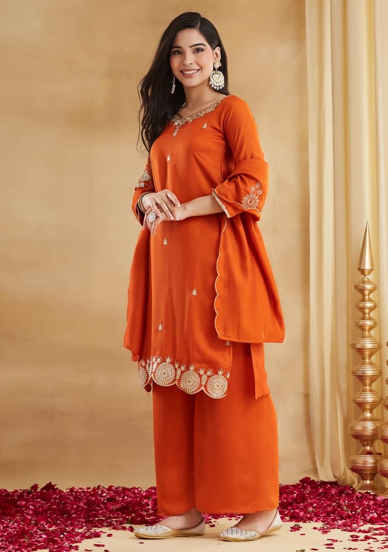 Orange Thread Work Silk Kurta Set - Indya