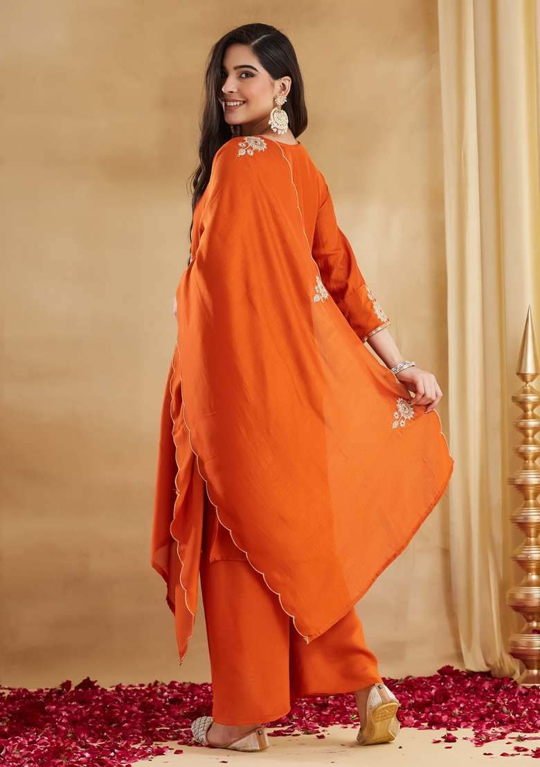 Orange Thread Work Silk Kurta Set - Indya