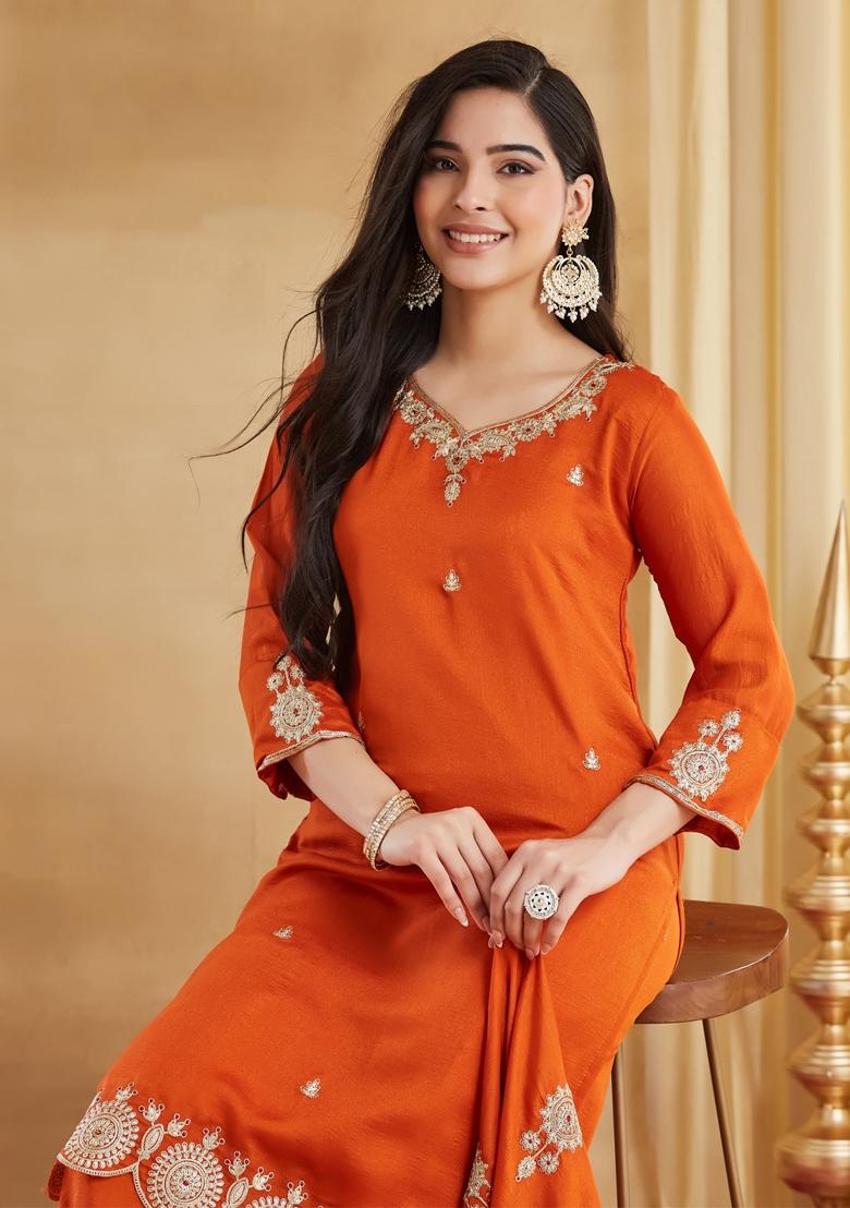 Orange Thread Work Silk Kurta Set - Indya