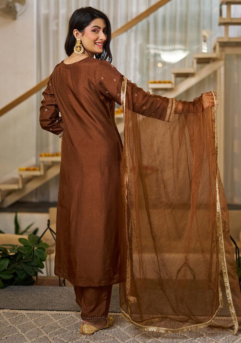 Coffee Thread Work Silk Kurta Set - Indya