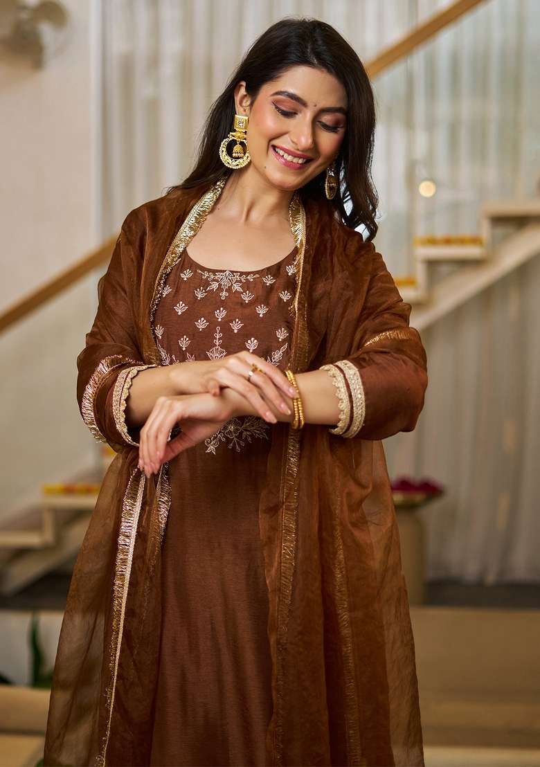 Coffee Thread Work Silk Kurta Set - Indya