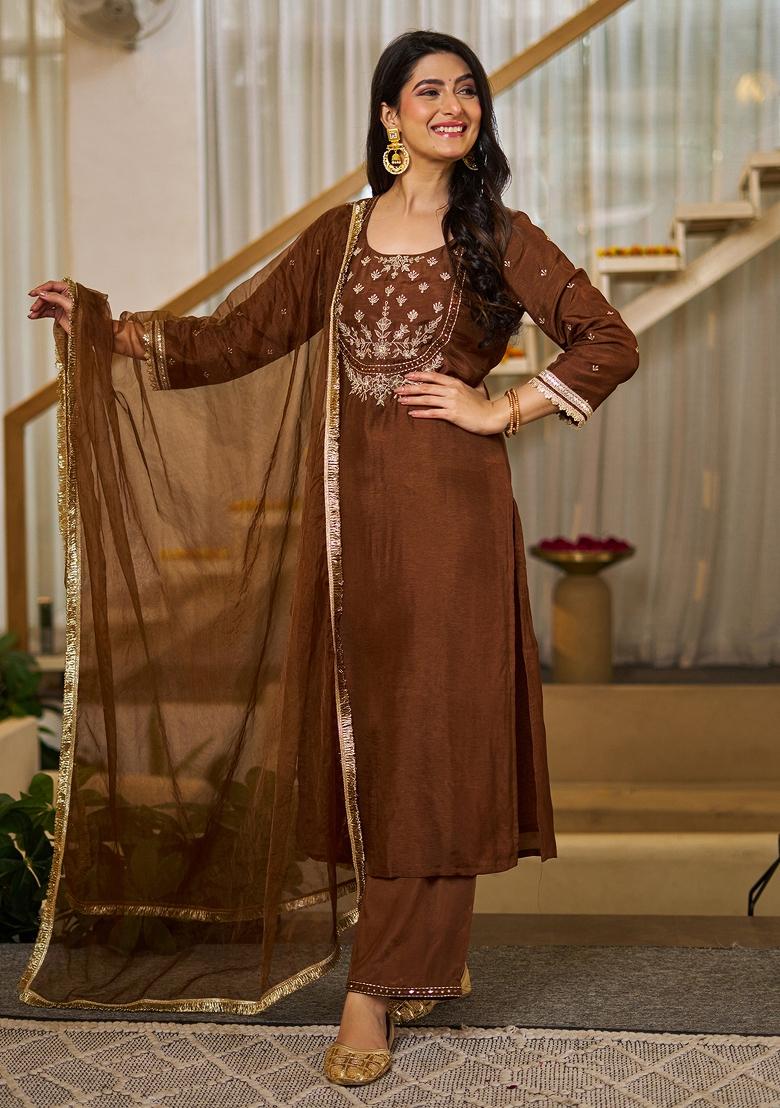 Coffee Thread Work Silk Kurta Set - Indya