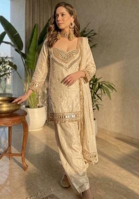 Cream Mirror Work Chinon Kurta Set