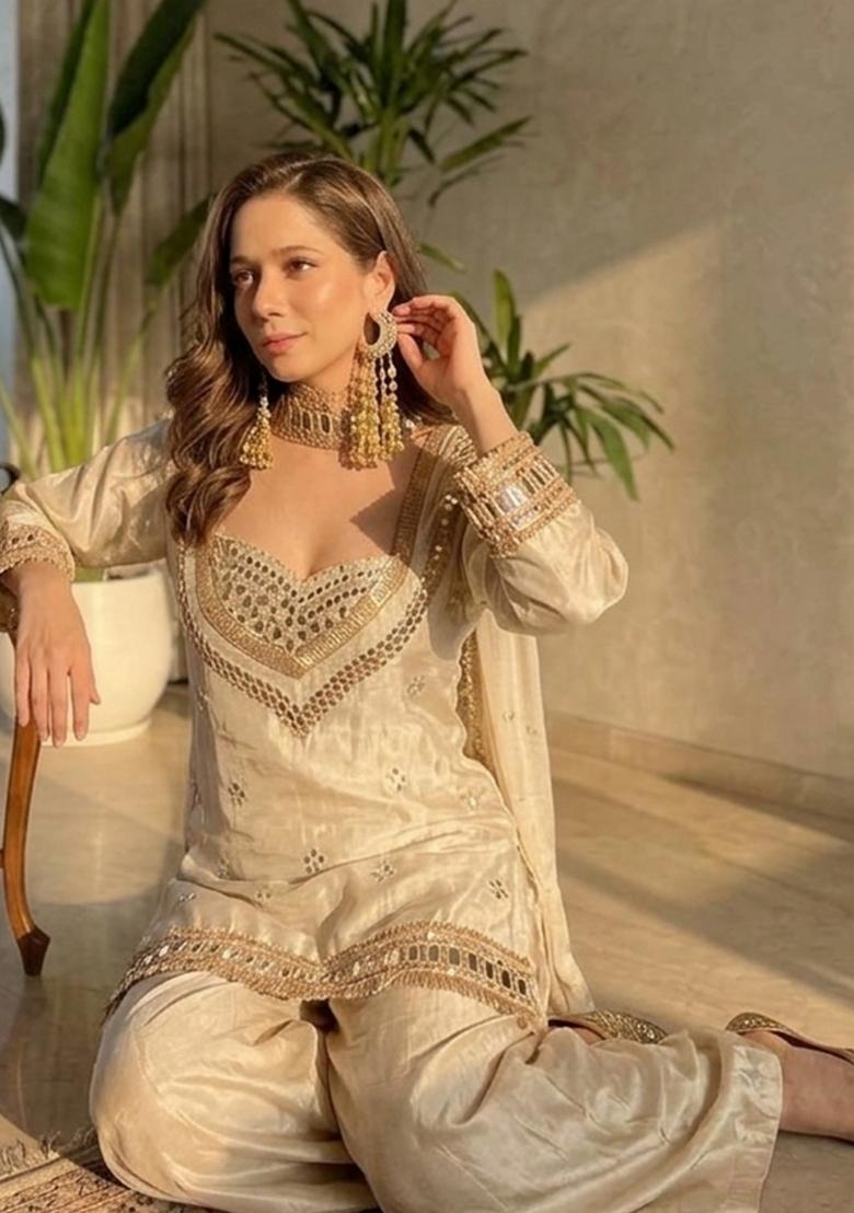 Cream Mirror Work Chinon Kurta Set - Indya