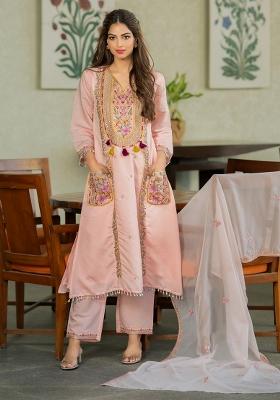 Peach Thread Work Chanderi Kurta Set