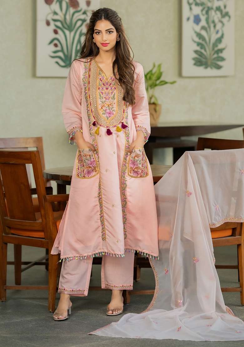 Peach Thread Work Chanderi Kurta Set - Indya