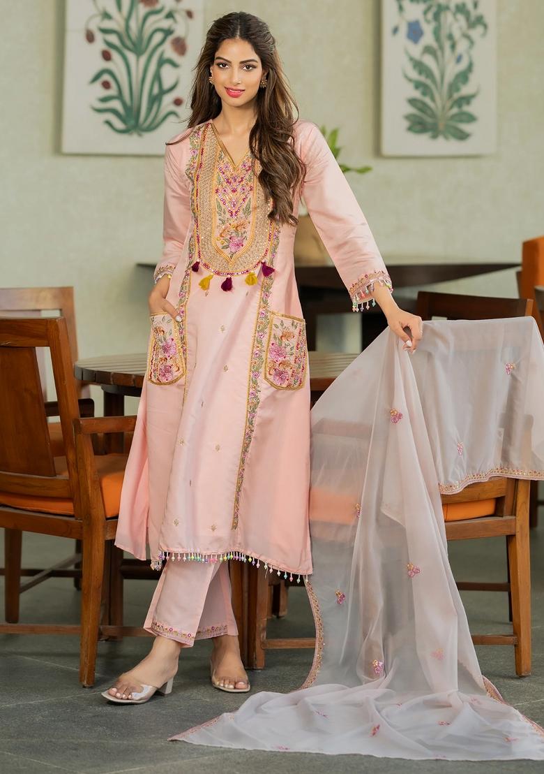Peach Thread Work Chanderi Kurta Set - Indya