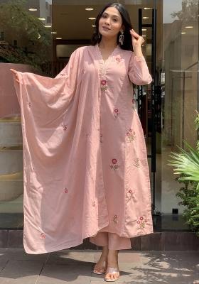 Pink Thread Work Chanderi Kurta Set