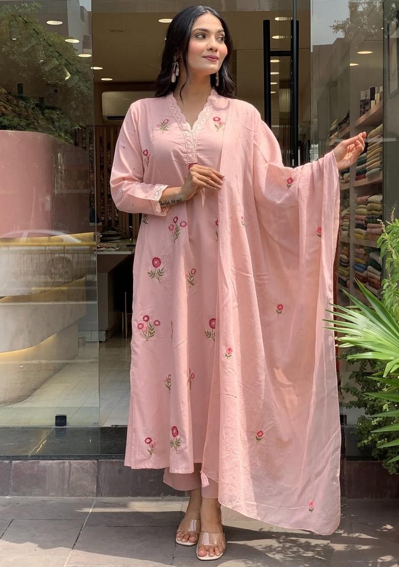 Pink Thread Work Chanderi Kurta Set - Indya