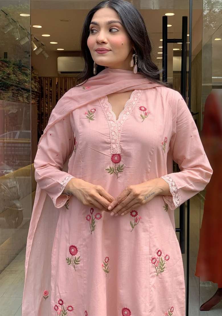 Pink Thread Work Chanderi Kurta Set - Indya