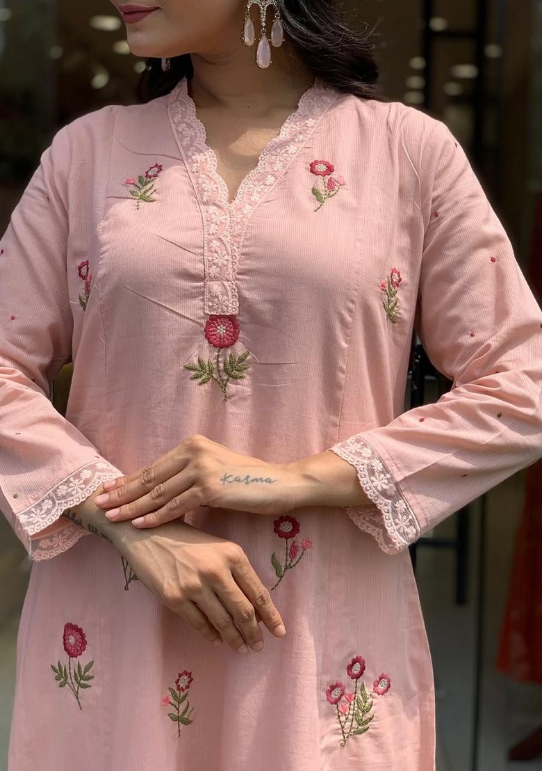 Pink Thread Work Chanderi Kurta Set - Indya