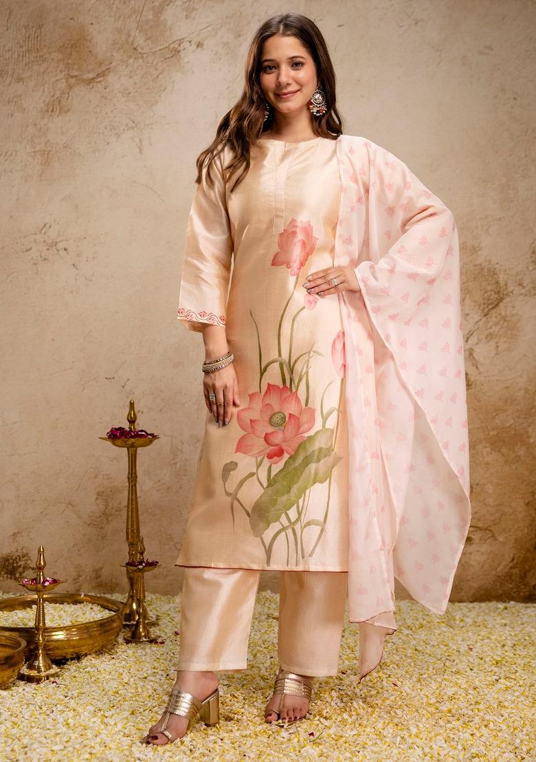 Cream Floral Print Kurta Set - Indya