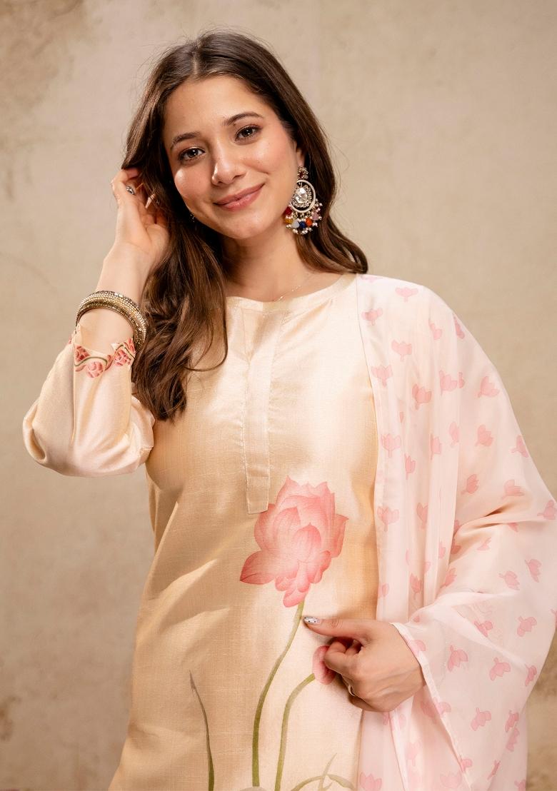 Cream Floral Print Kurta Set - Indya