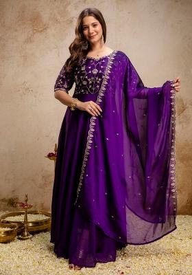 Purple Thread Work Chinon Kurta With Dupatta