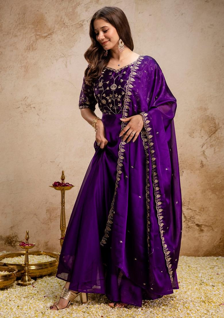 Purple Thread Work Chinon Kurta With Dupatta - Indya
