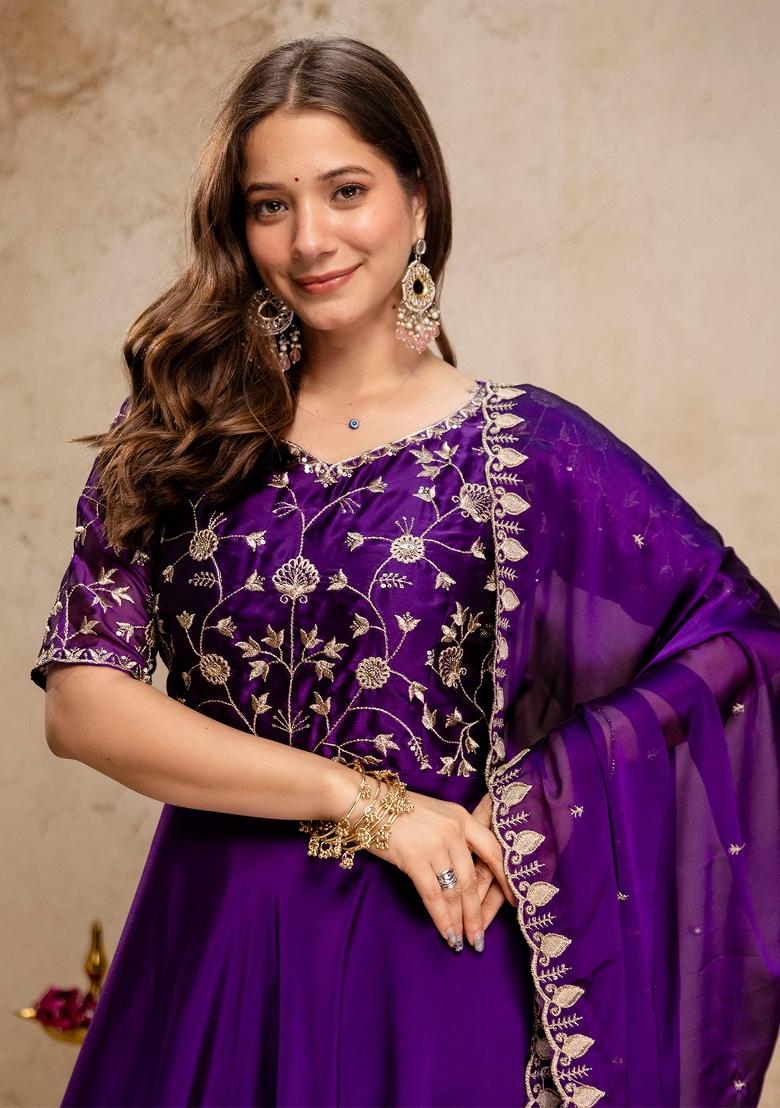 Purple Thread Work Chinon Kurta With Dupatta - Indya