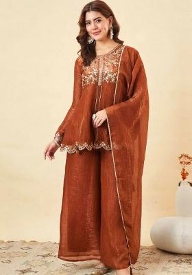 Orange Thread Work Silk Kurta Set