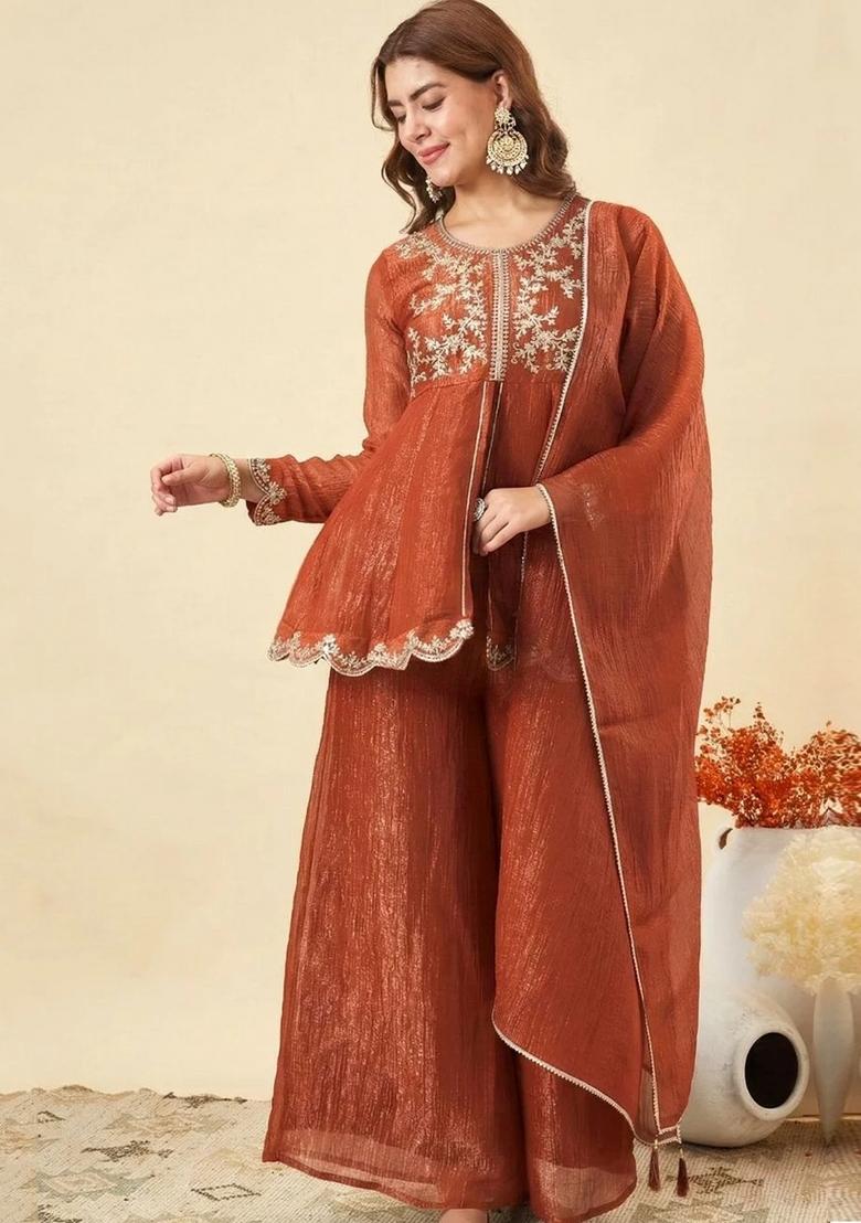 Orange Thread Work Silk Kurta Set - Indya