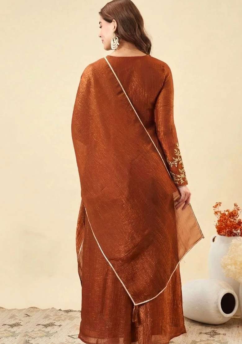 Orange Thread Work Silk Kurta Set - Indya