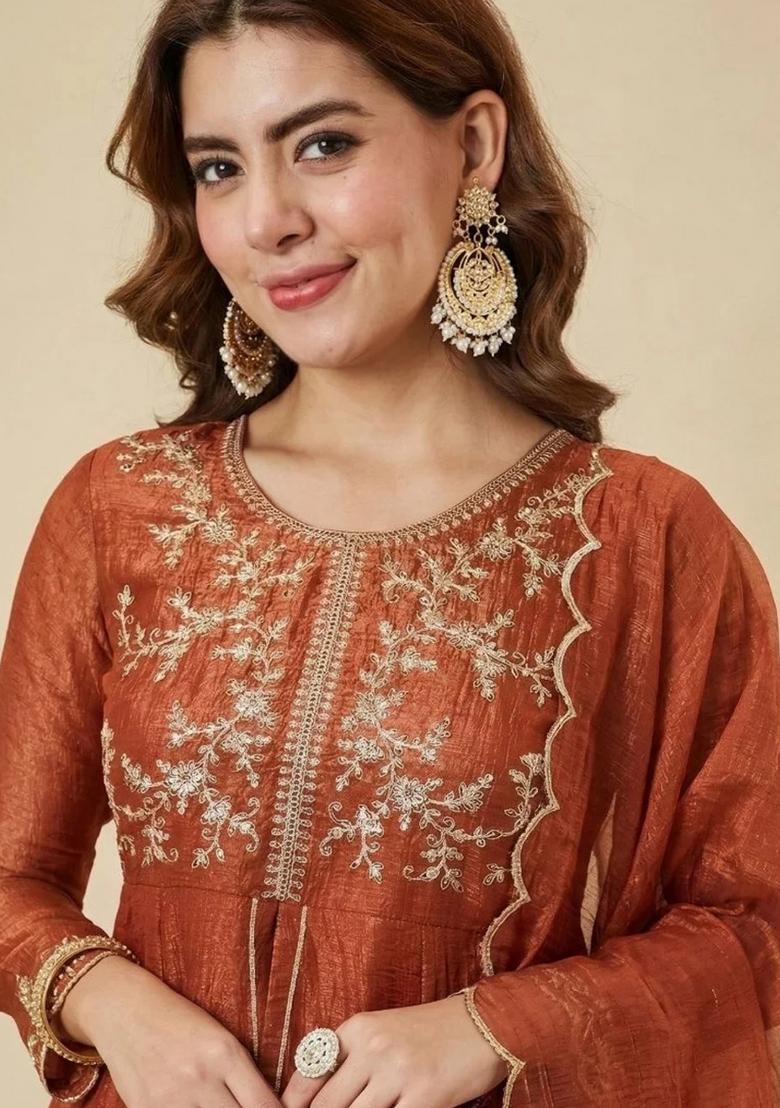 Orange Thread Work Silk Kurta Set - Indya