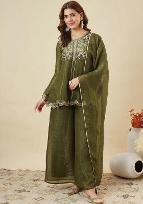 Mehendi Thread Work Silk Kurta Set